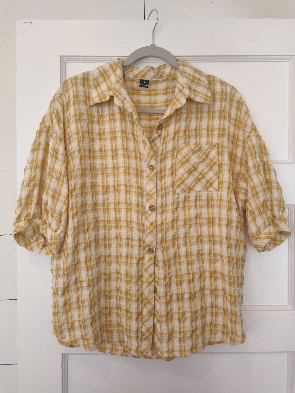 Women's Crinkled Summer Weight Cotton Blouse With 3/4 Puff Sleeves Small/Medium
